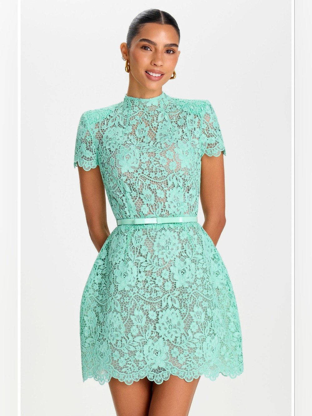 NADINE MERABI Milly Mint Lace Mini dress with Belt Size Medium